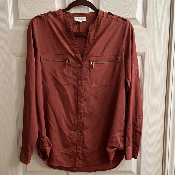 CALVIN KLEIN~ SIENNA BROWN BLOUSE~S~M - Picture 1 of 13
